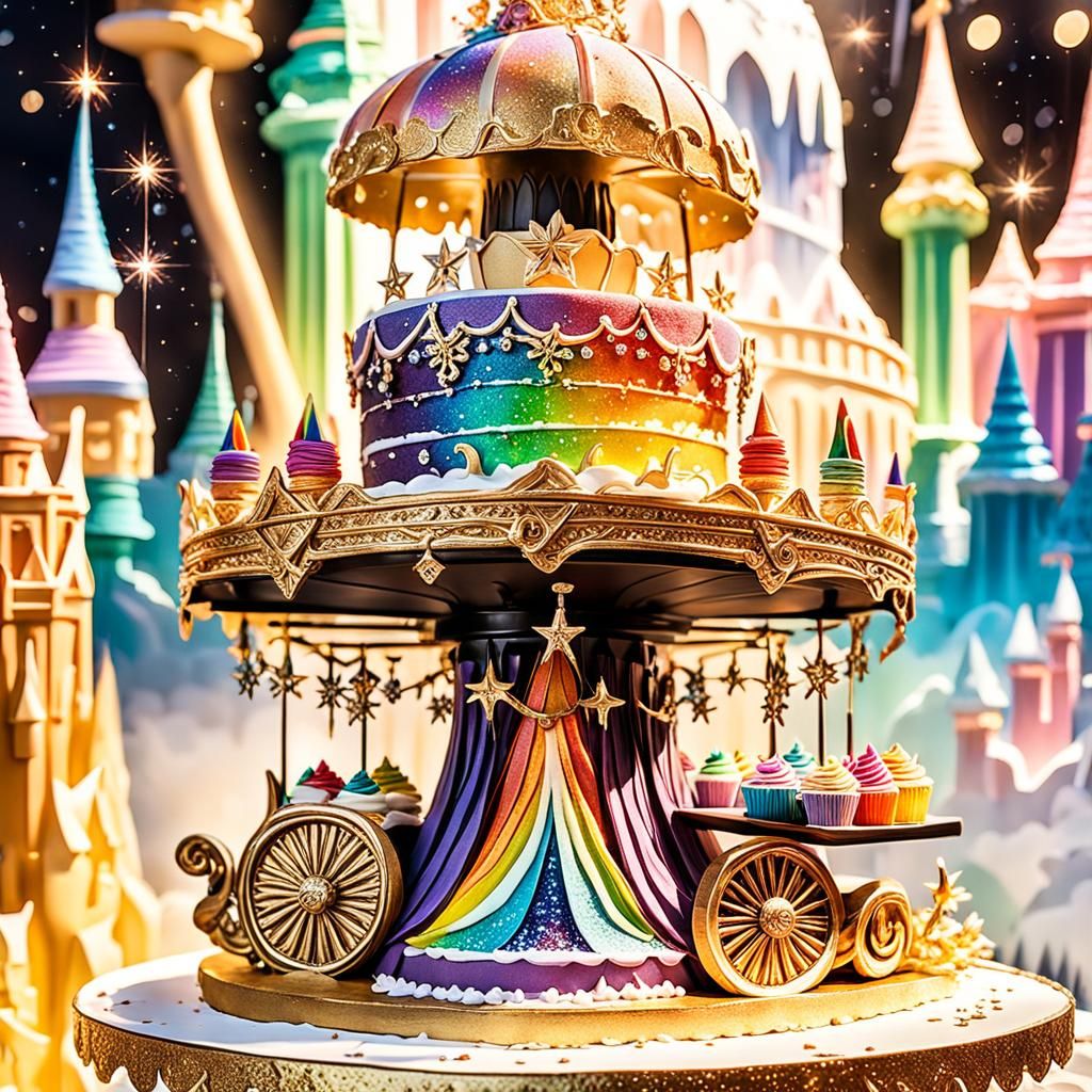 Fairytale Cake with Rainbow Chariot, Detailed Digital Art