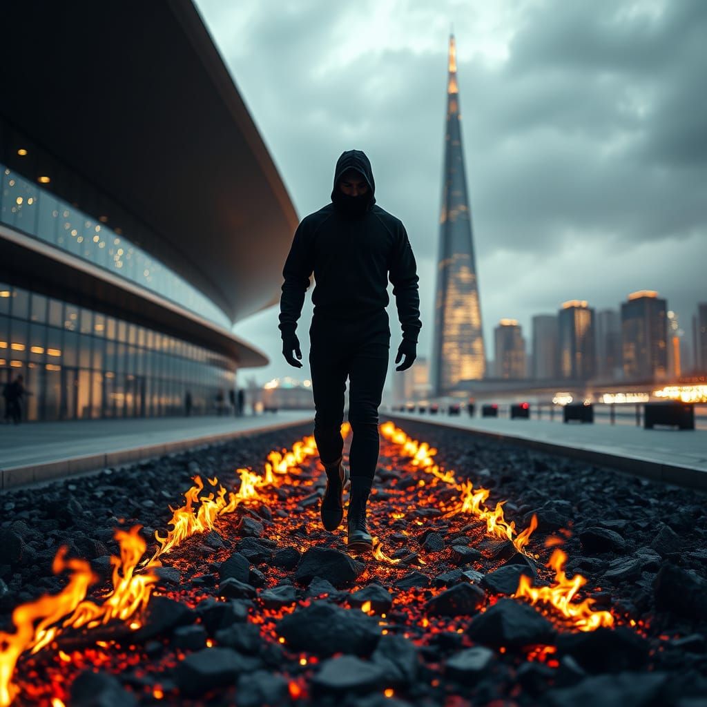 Figure Walks on Flames in Modern London Architecture