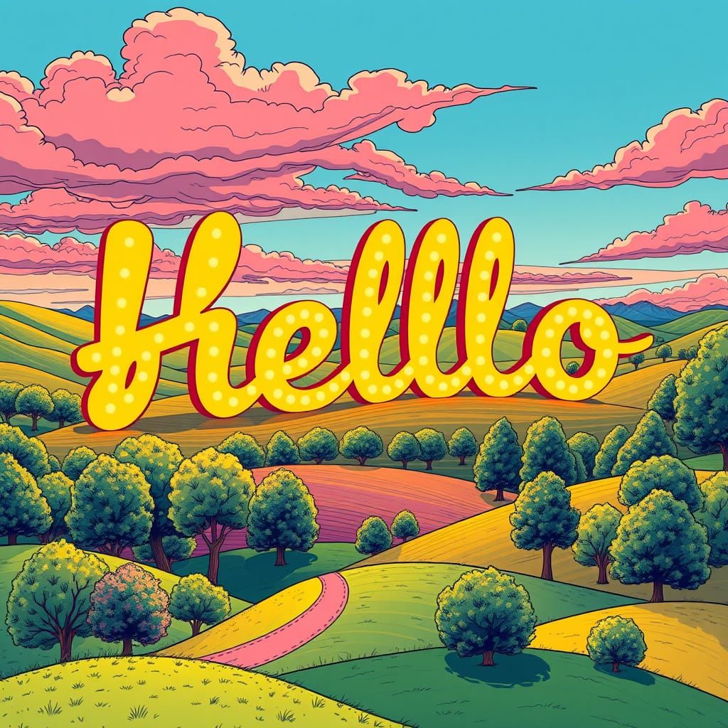 Whimsical Landscape with Glowing Hello Sign