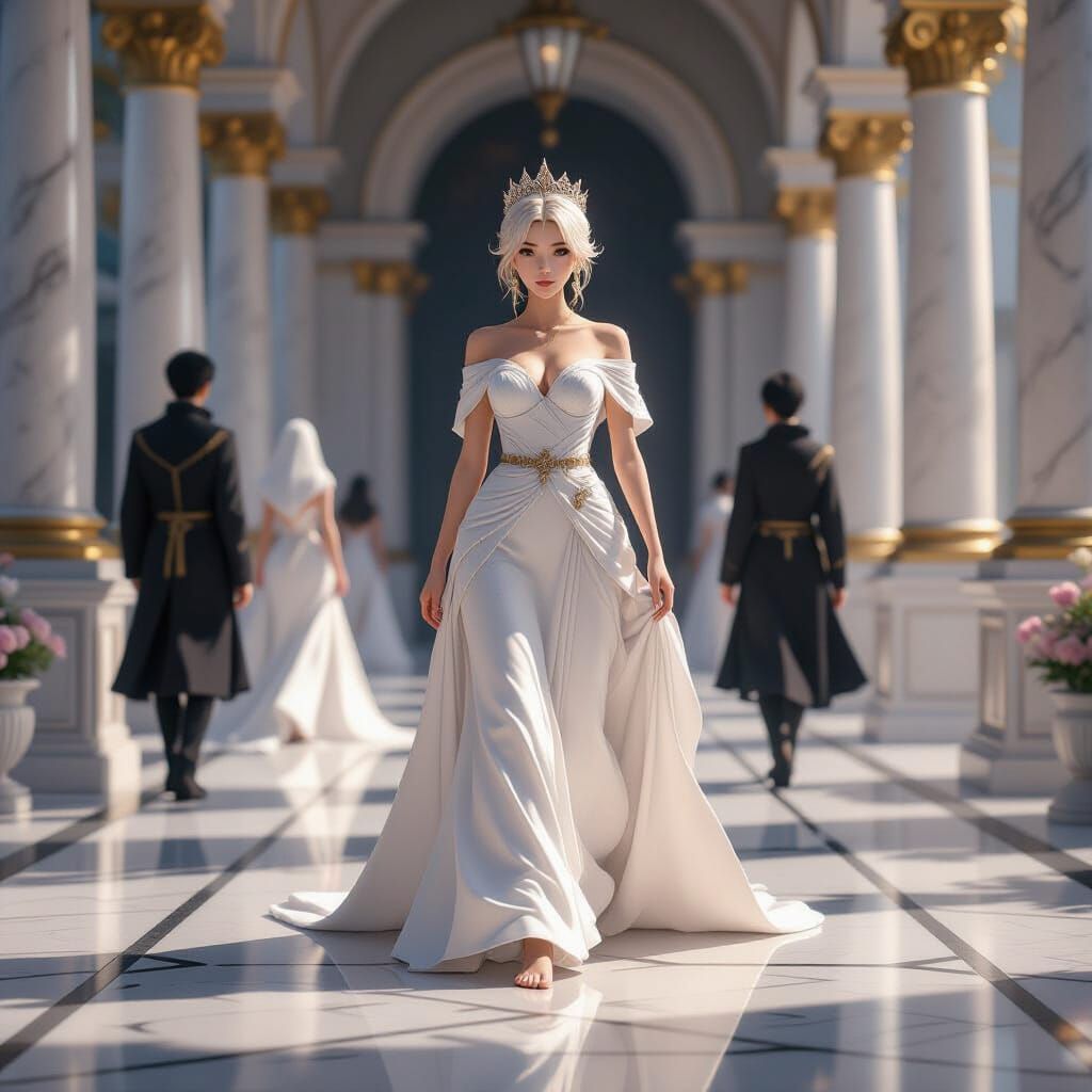 Anime Queen and Elios on Marble Floor, Detailed Line Art