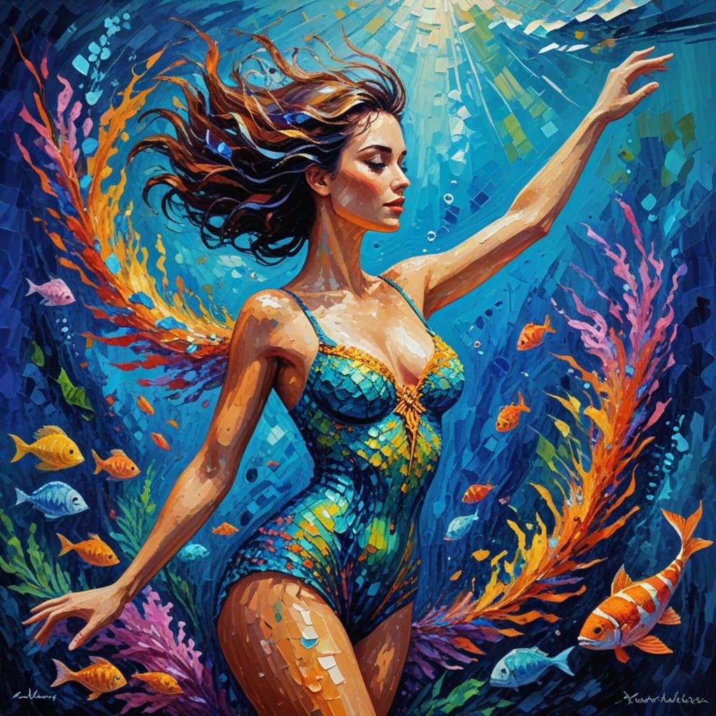 Underwater Showgirl in Neo-Impressionist Style