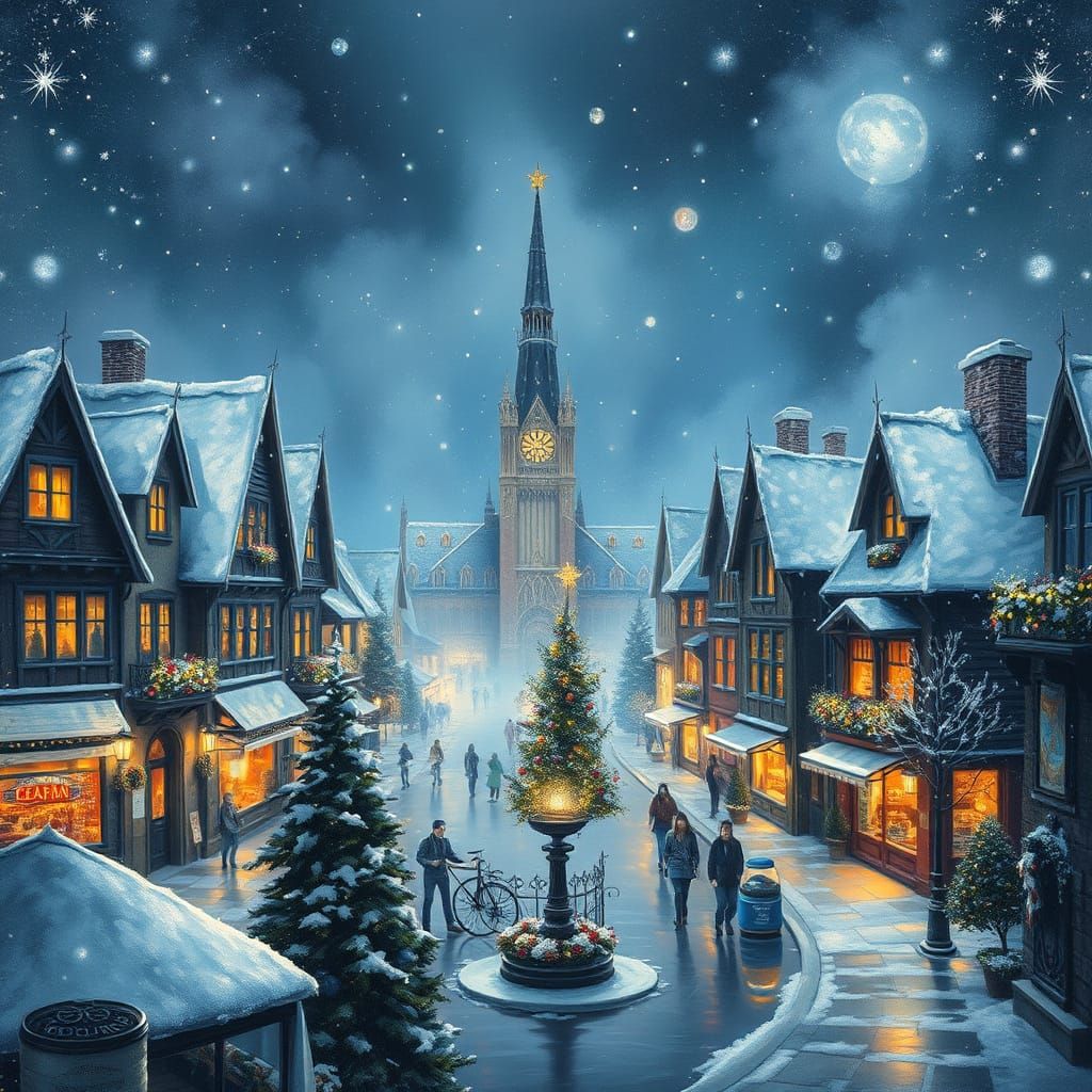 Snowy City Square in Impressionist Style