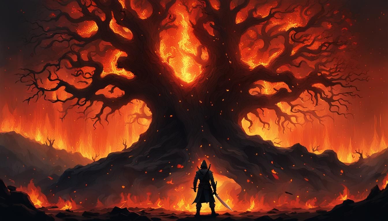 Warrior Before Burning Tree: Epic Digital Matte Painting