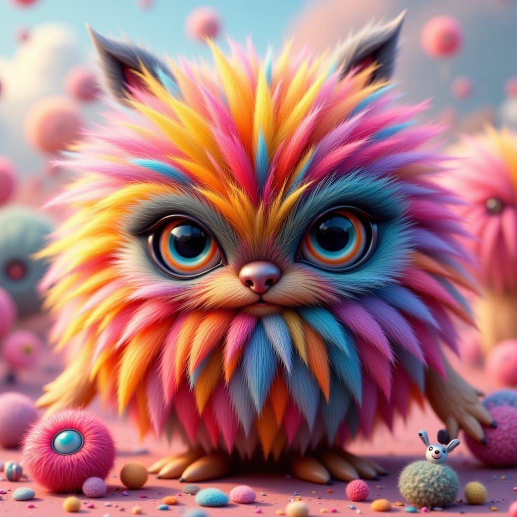 Adorable Metallic Pom Pom Creature in Kawaii Style