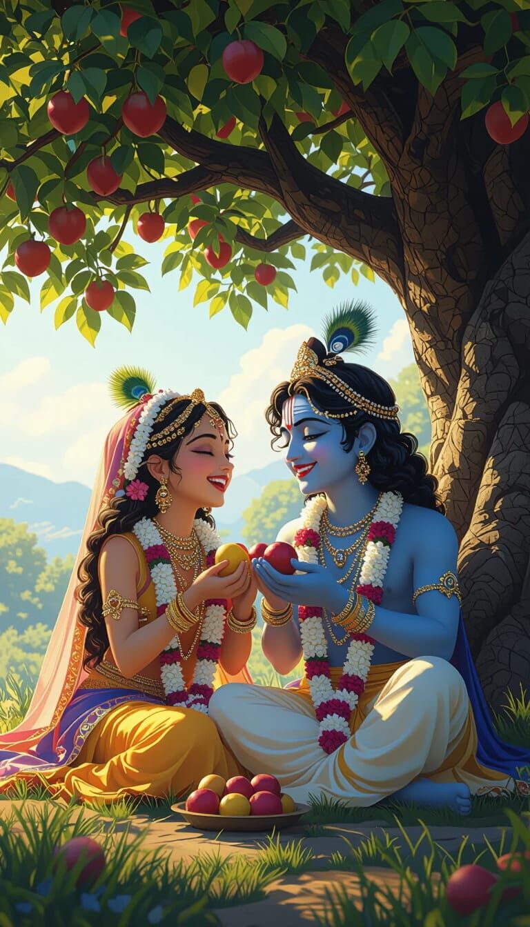 Radha and Krishna Anime Portrait with Fruits