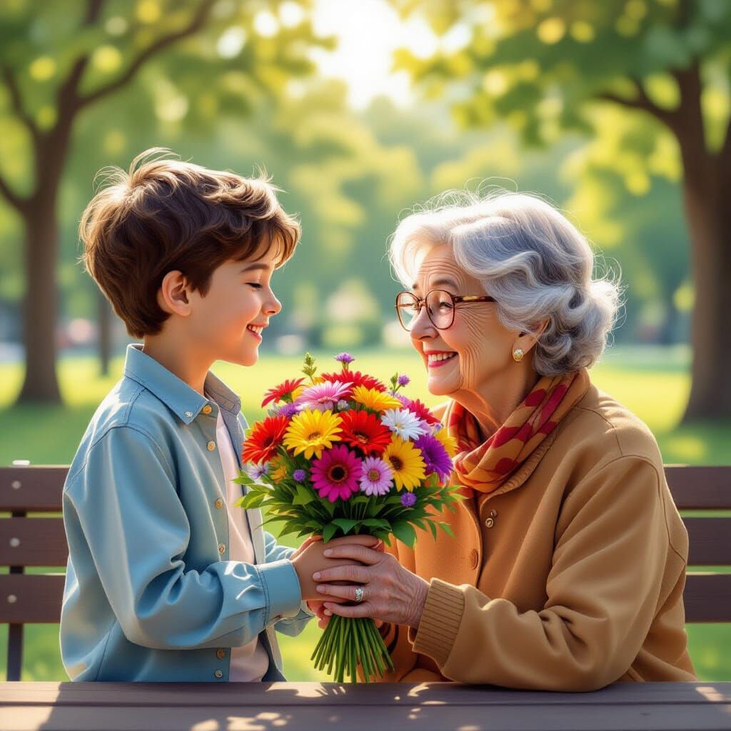 Boy Gives Flower to Grandmother in Hyperrealistic Splash Art