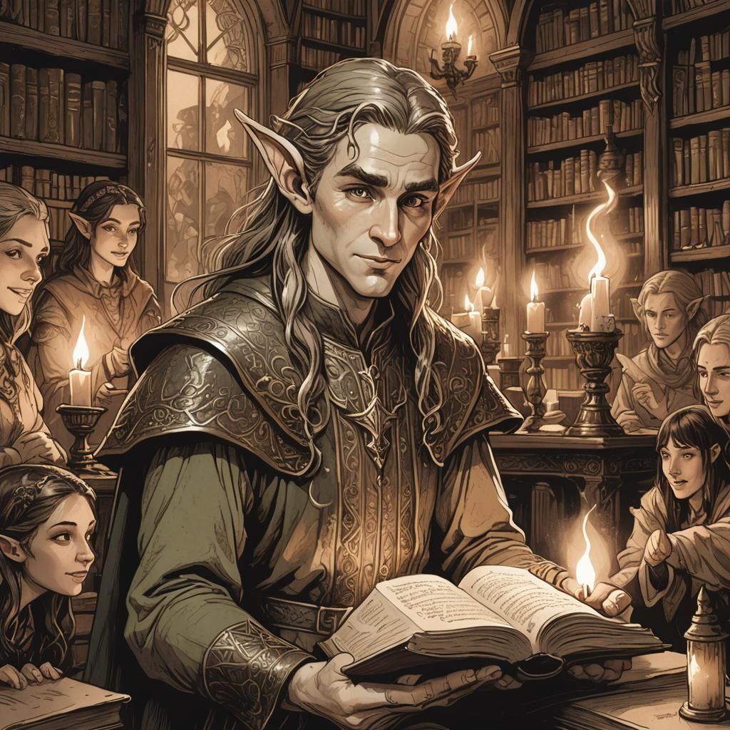 Elf Speaking in Candlelit Library: Fantasy Illustration
