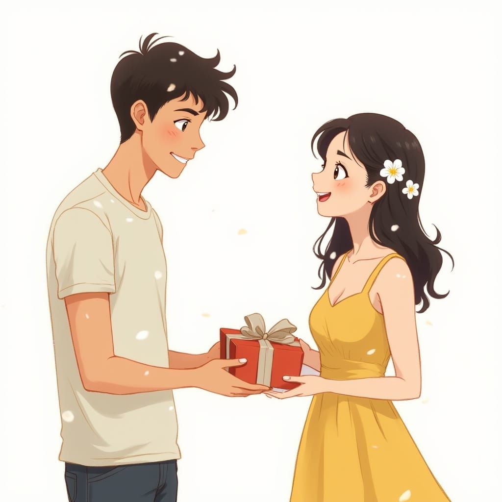 Young Man Surprises Delighted Woman with Gift in Whimsical S...