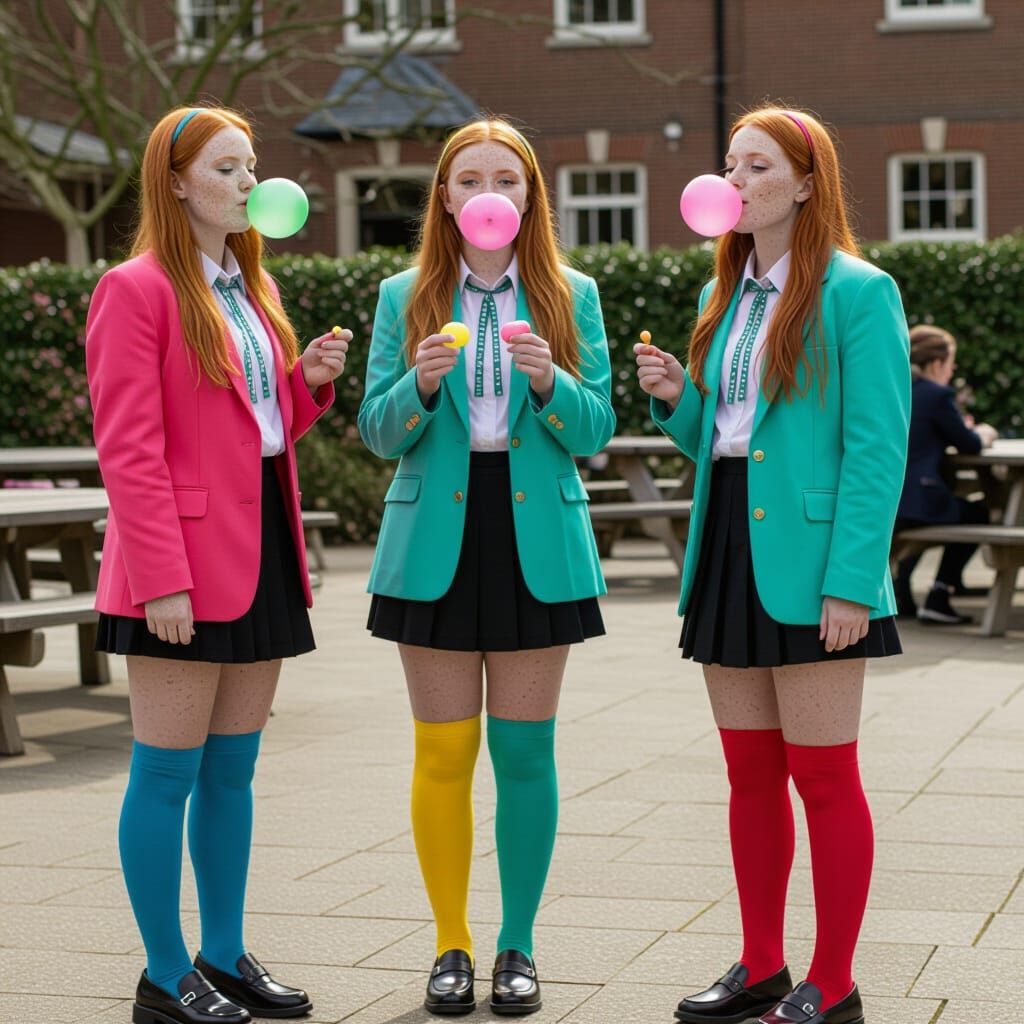 Young Women Blowing Candy-Colored Bubblegum
