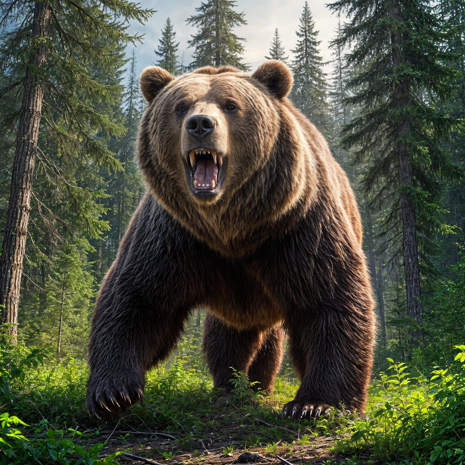 Grizzly Bear with Extra Huge Teeth in Clearing