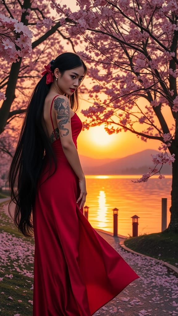 Japanese Woman in Crimson Dress at Lakeside Park