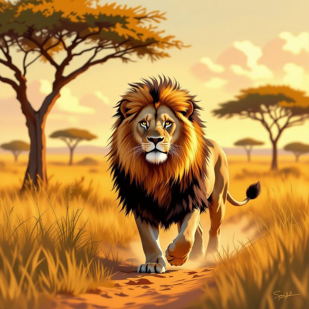 Lion Roaming African Savannah in Painterly Style