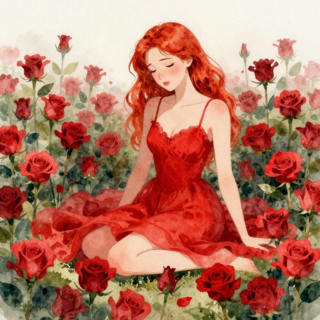 Crimson Haired Woman in Roses, Watercolor Style
