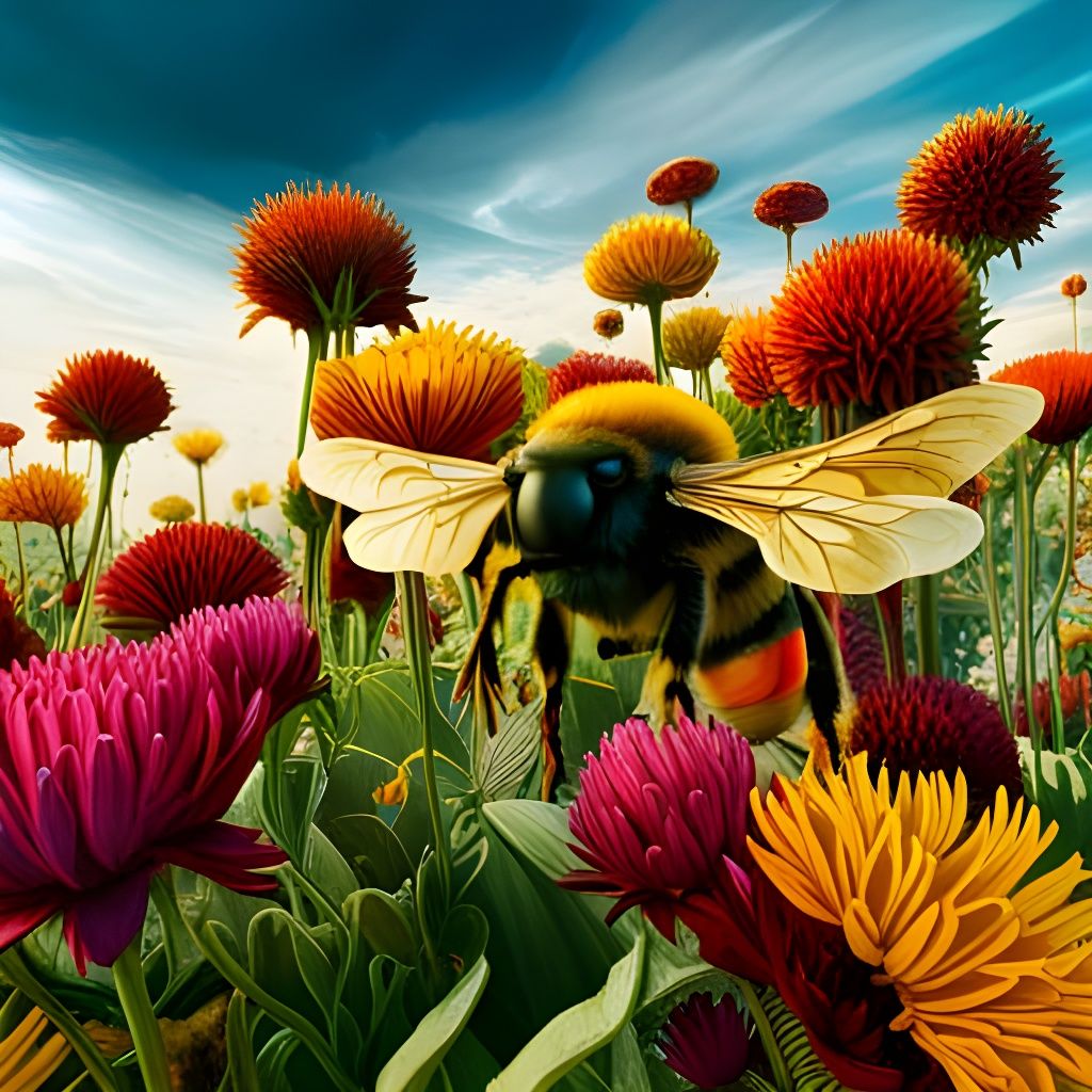 Giant Bee Over Flower Farm: Digital Masterpiece