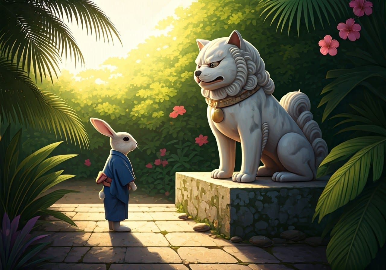 Rabbit Meets Shishi Dog at Okinawan Shrine