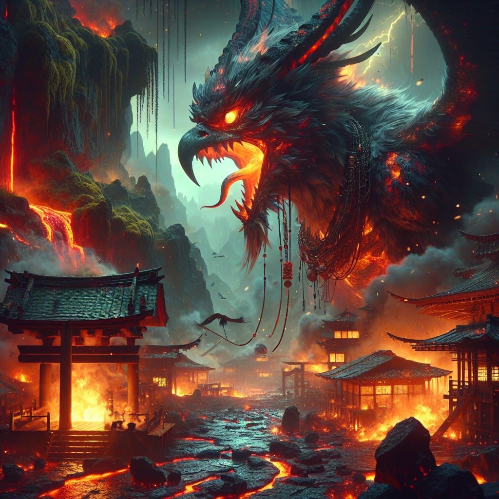 Dark Fantasy Oni Demon Unleashes Fury Near Burning Shrine
