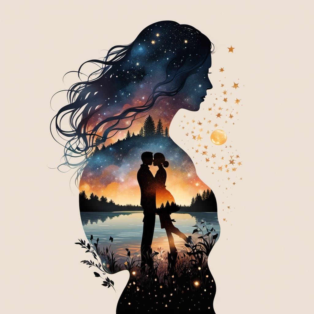 Starry Night Double Exposure: Lovers Embrace Silhouette