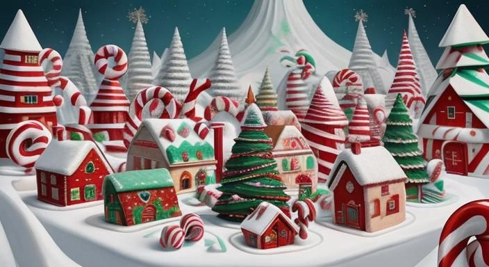 Surreal Peppermint Candy Cane Village in Vibrant Colors