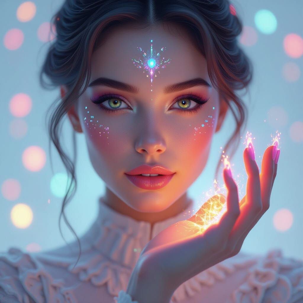Woman Holds Glowing Alien Hand in Vibrant Fantasy Scene