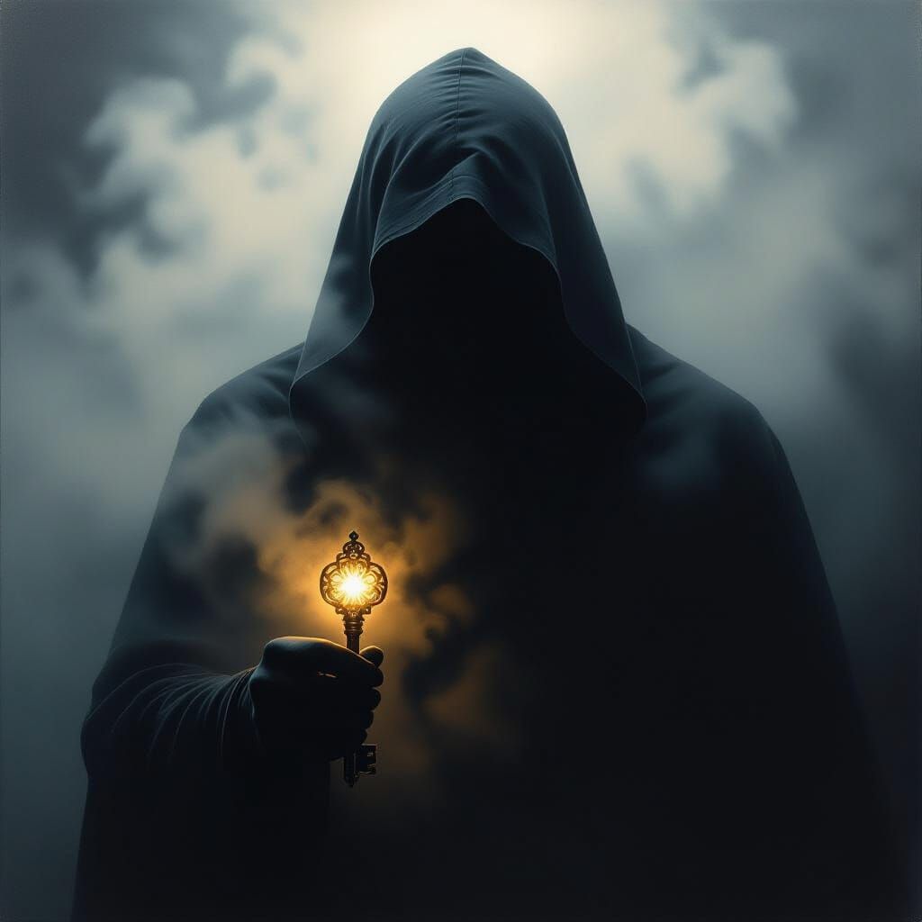 Shadowy Figure with Glowing Key in Noir Style