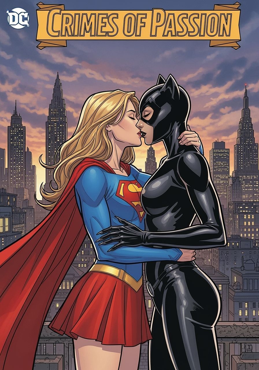 Supergirl and Catwoman Kiss in Gotham, Comic Book Art
