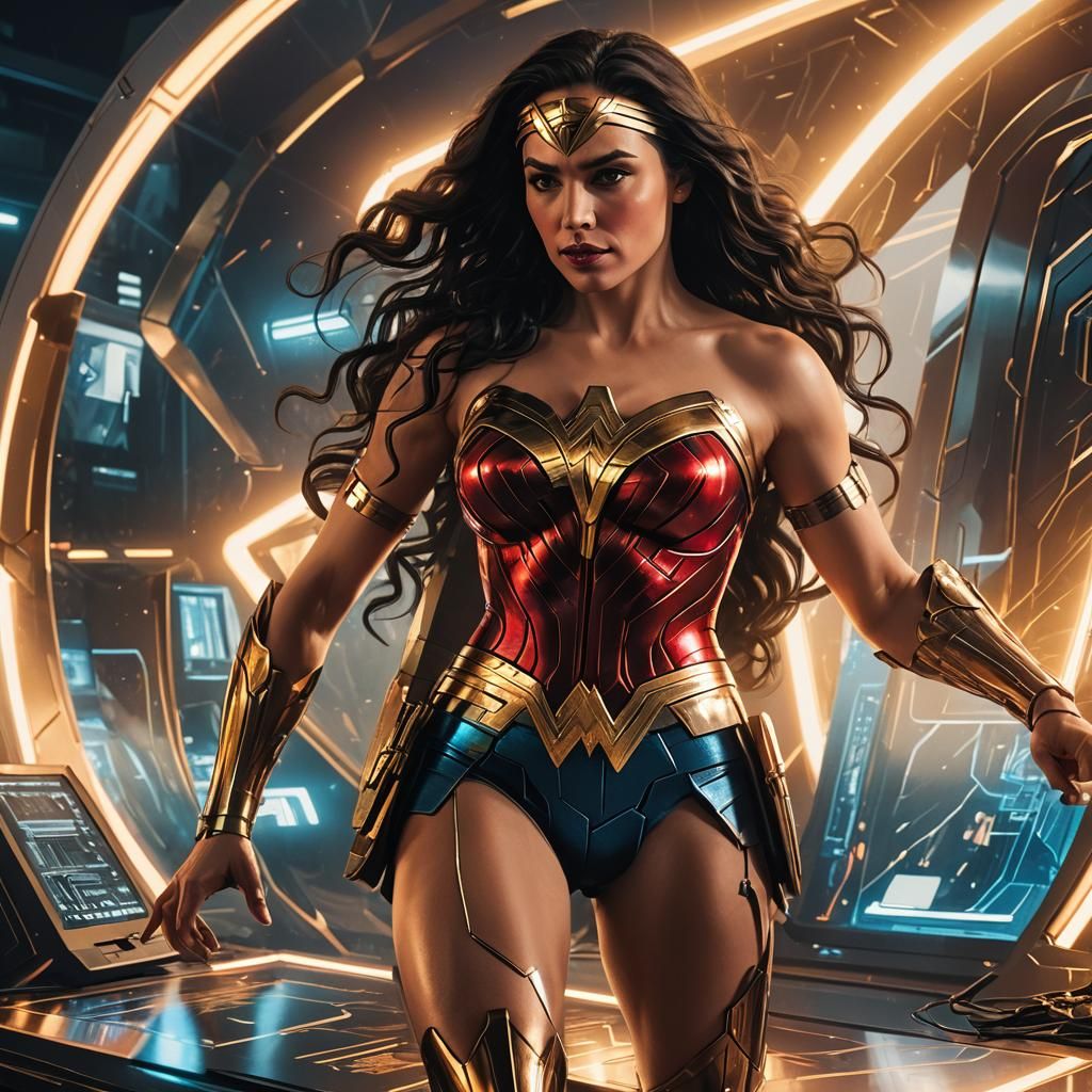 Wonder Woman Cosplay with Futuristic Mirror Computer
