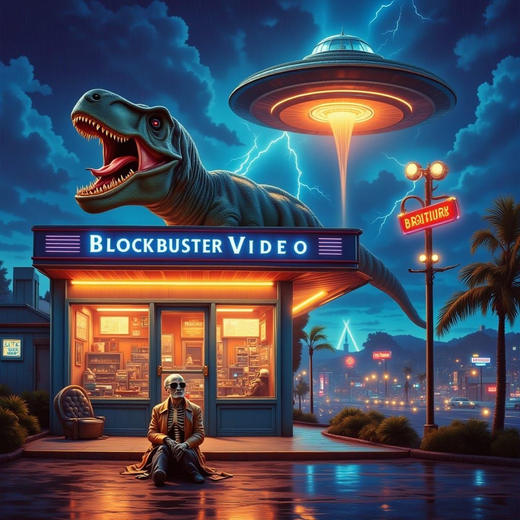 Whimsical Blockbuster Video Store Under Turbulent 90s Sky