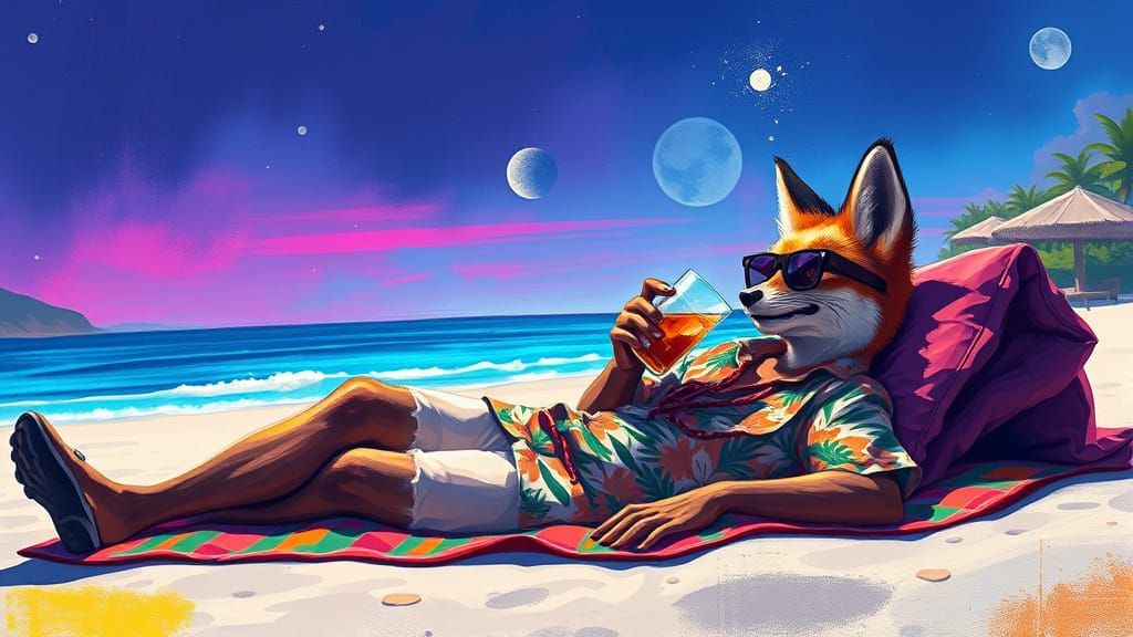 Fox on Beach in Vibrant, Dynamic Style