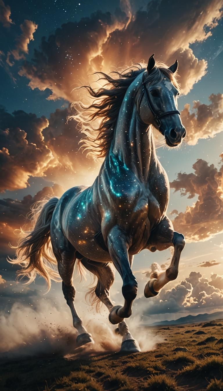Radiant Light Horse Galloping Through Ethereal Clouds