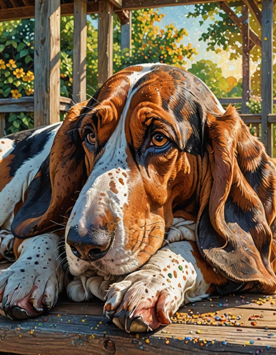 Pointillist Basset Hound on Porch in Sunlight