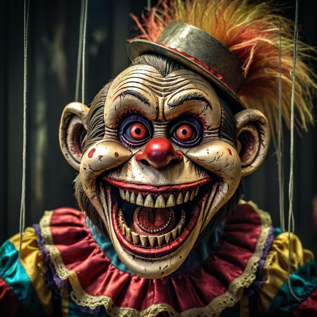 Hyperrealistic Zombie Monkey Clown Marionette Grinning