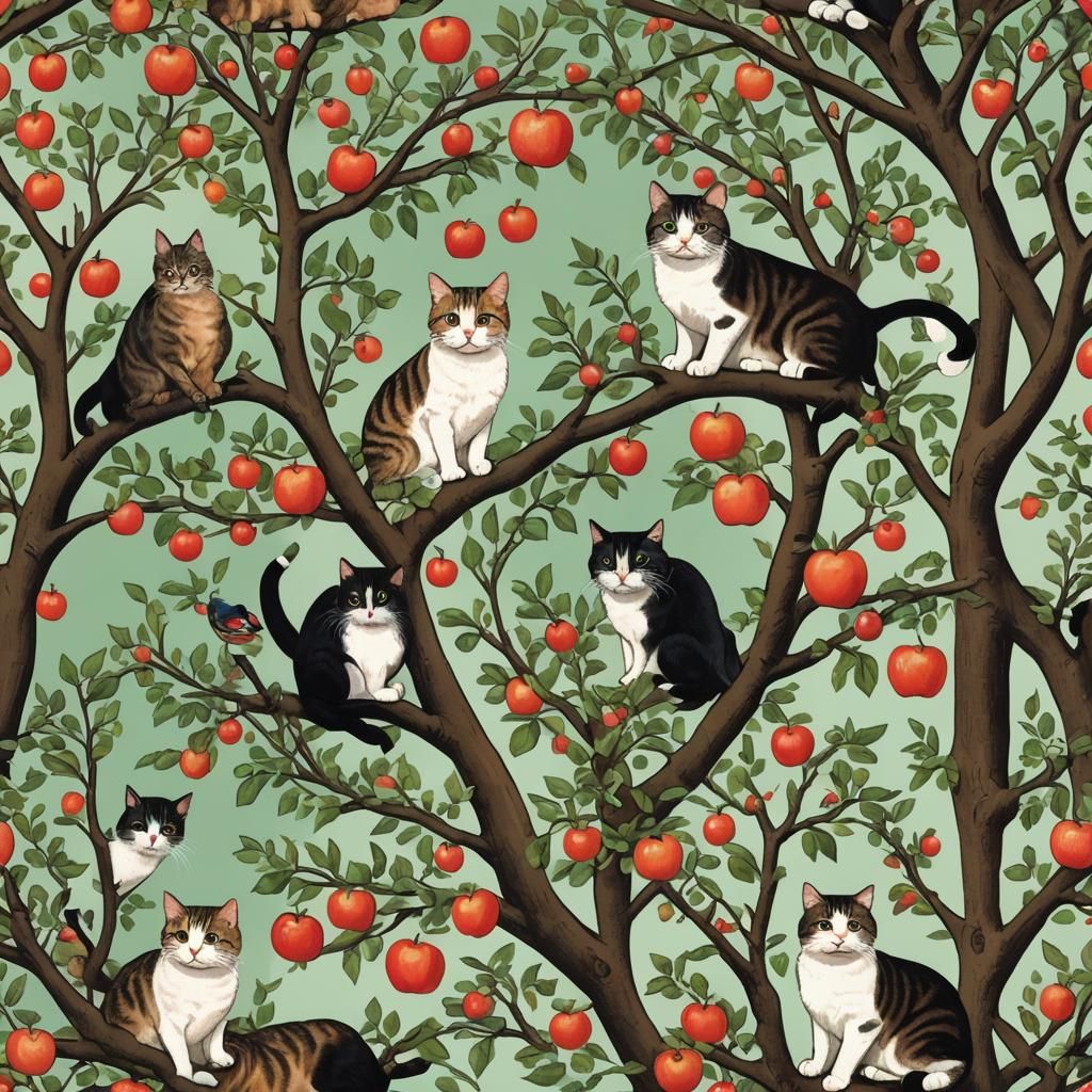 Cats and Birds in an Apple Tree