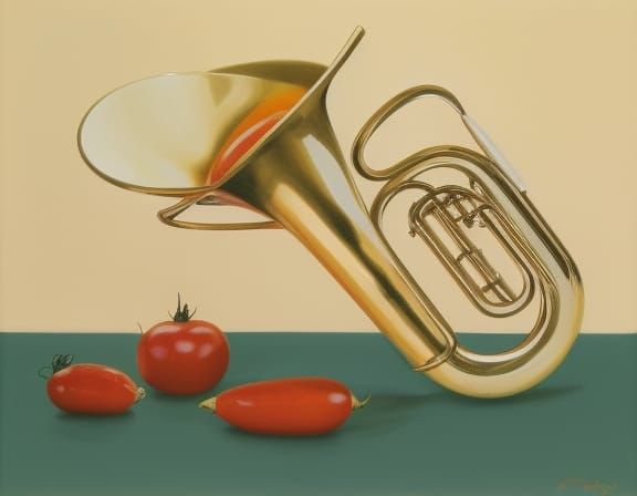 Tuba Filled with Tomato Soup, Pen and Ink Style