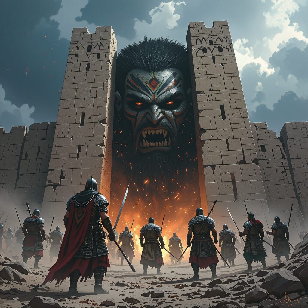 Warriors Breach Ancient Wall in Apocalyptic Landscape