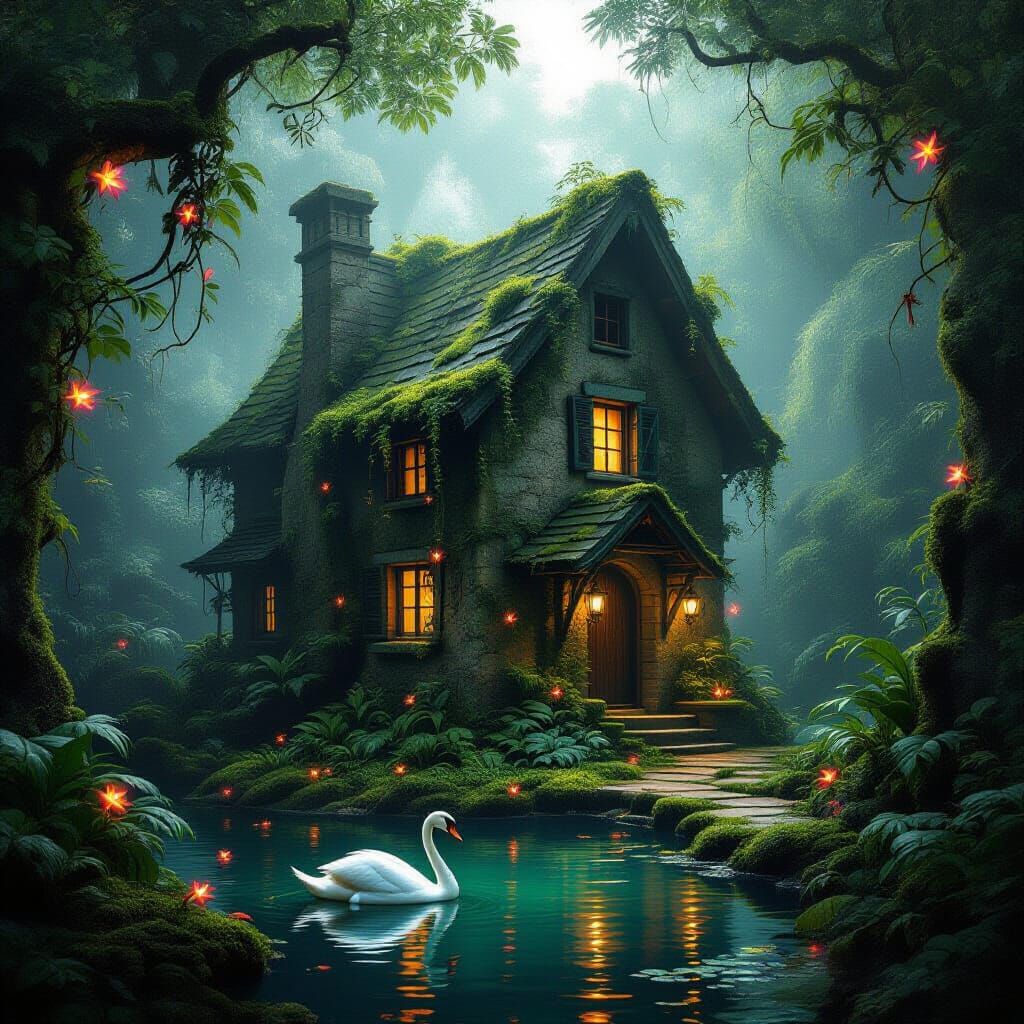 Enchanted Jungle Stone House with Glowing Vines