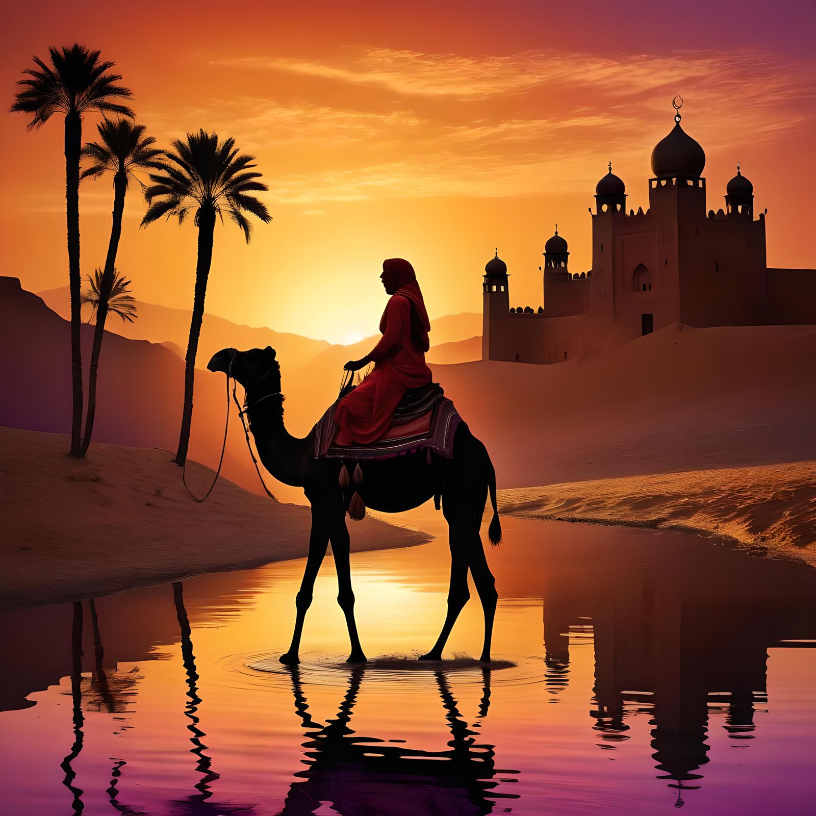 Moroccan Kasbah Silhouette Art with Camels and Tribe
