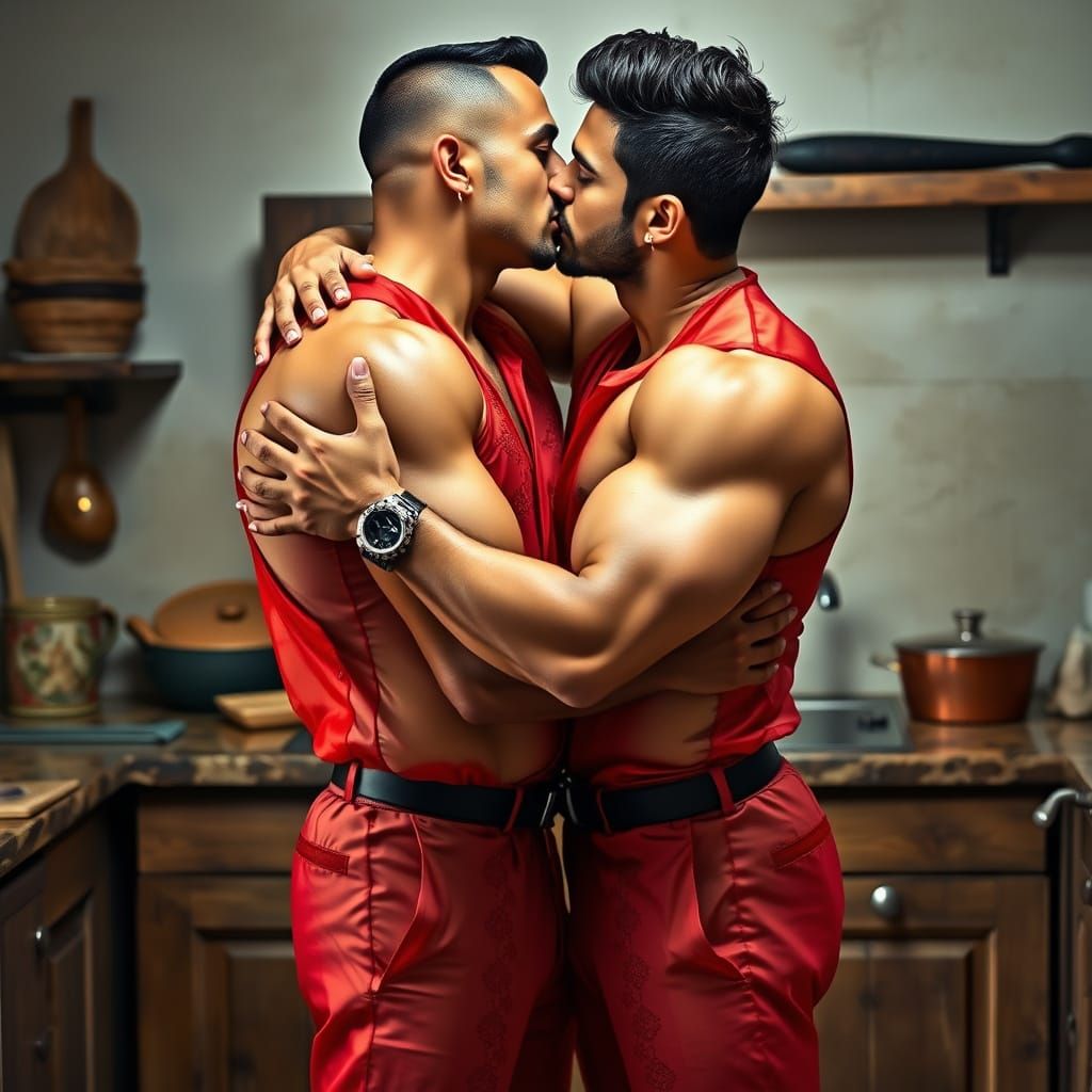 Two Indian Men Embrace in Rustic Kitchen
