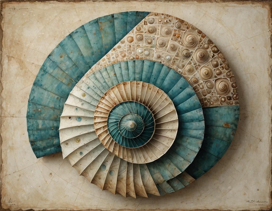 Geometric Seashell with Fibonacci Sequence in Naive Art Styl...