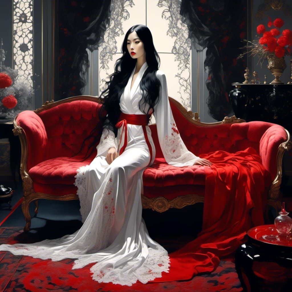 Elegant Noir Portrait of Woman in Lace Bathrobe