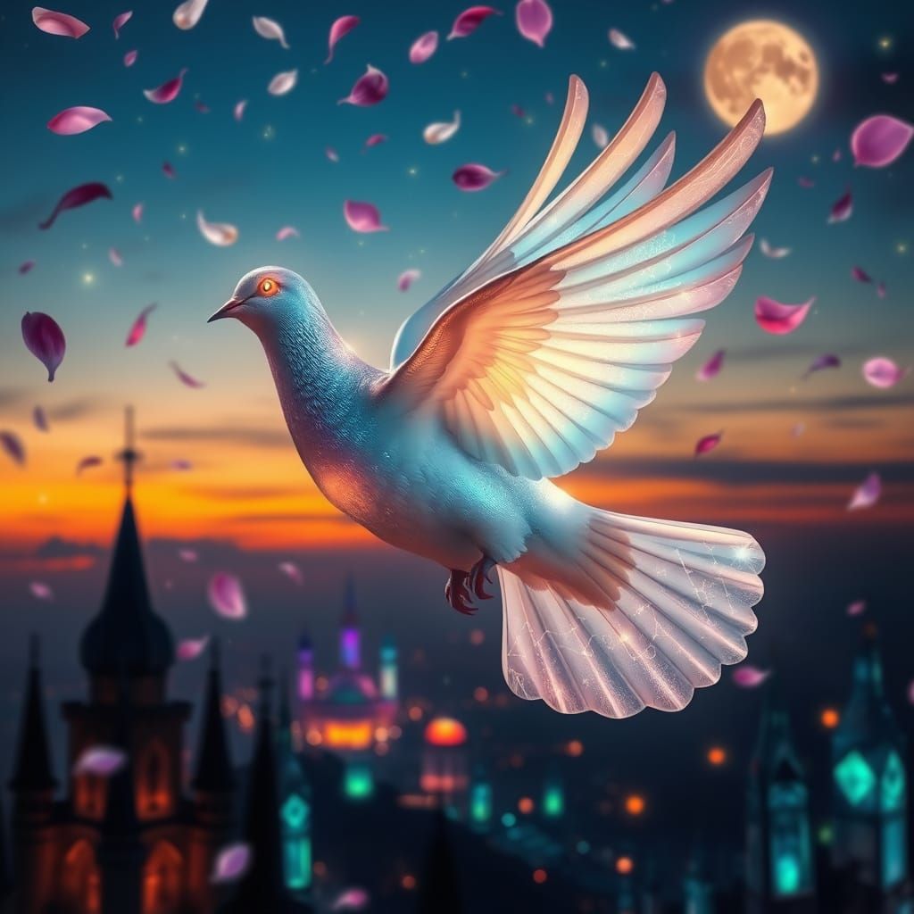 Iridescent Dove Soars Through Celestial Twilight
