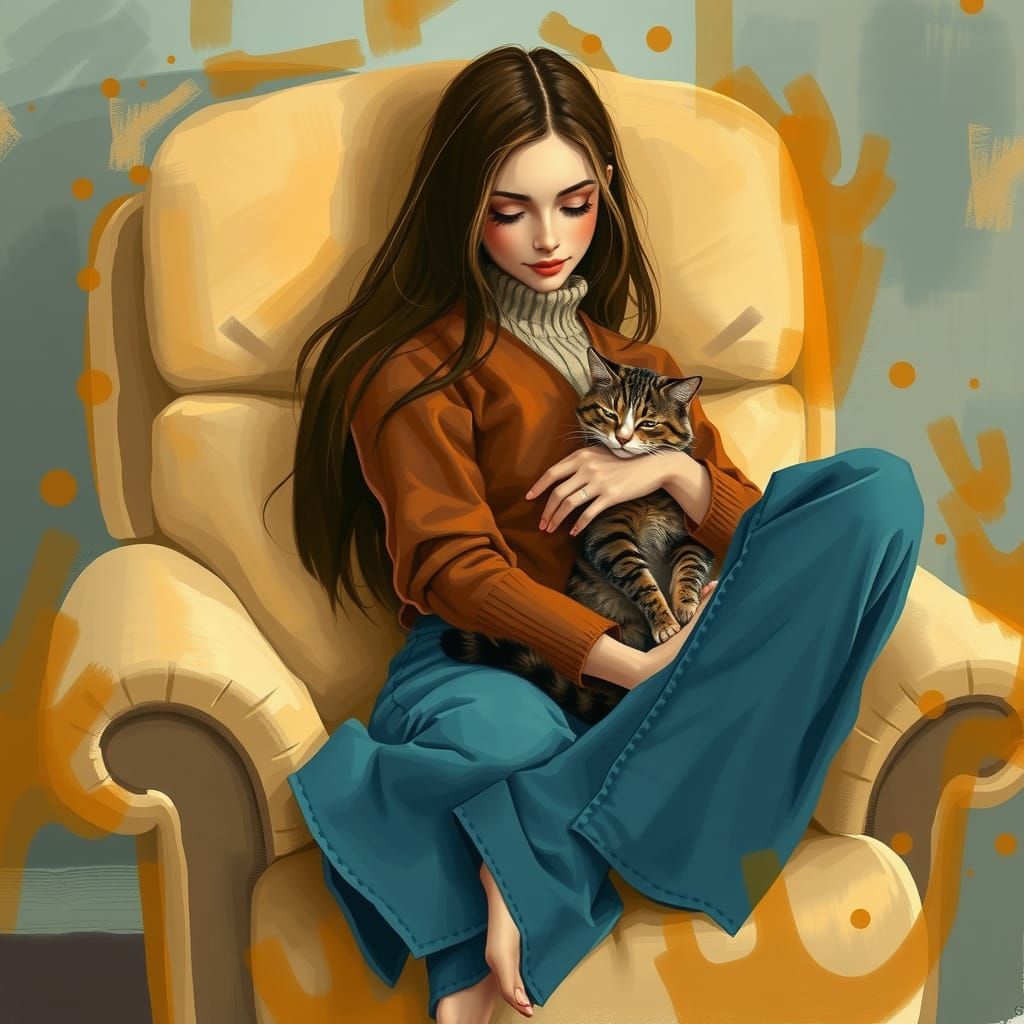 Woman Embracing Tabby Cat in Dreamlike Abstract Style