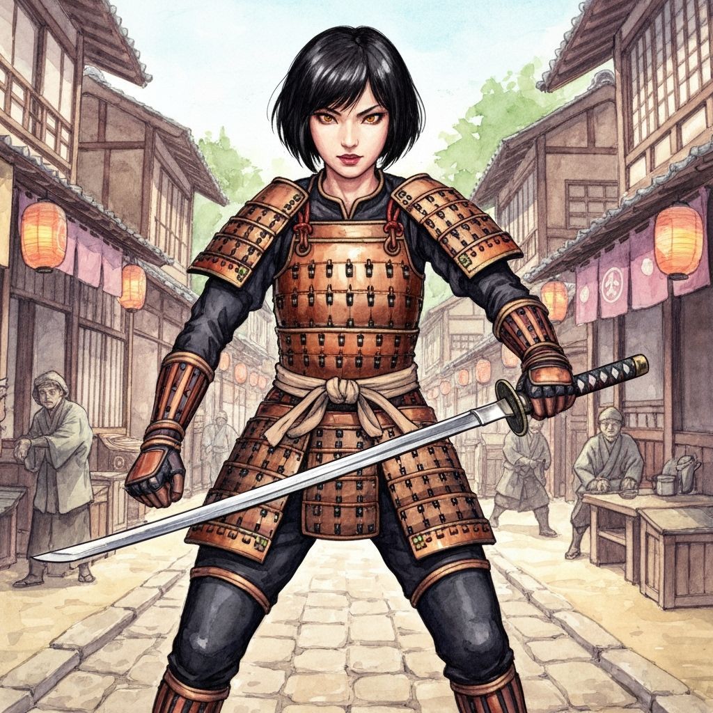 Gothic Samurai Warrior Woman in Watercolor Style