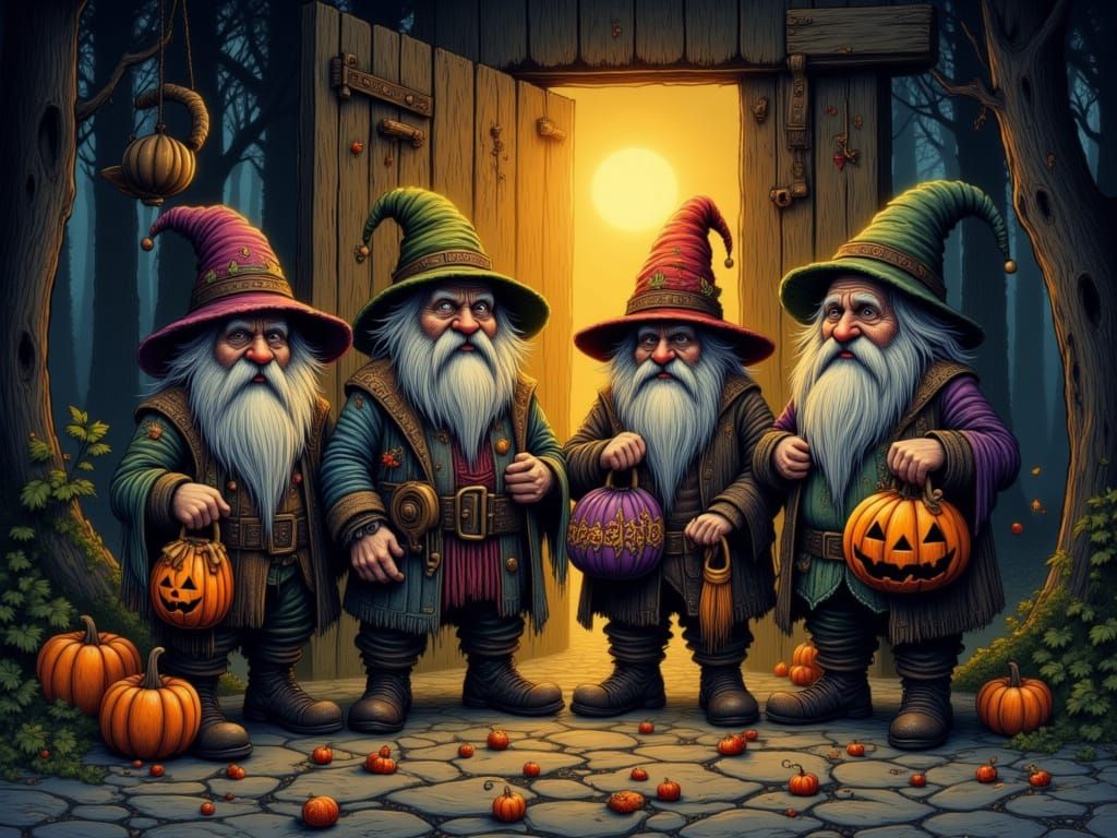 Dark Fantasy Halloween Gnomes at Tavern Door