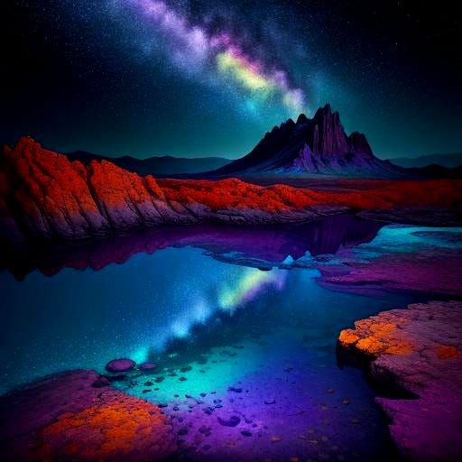 Rainbow Waterfall on Dark Mountain with Cosmic Sky