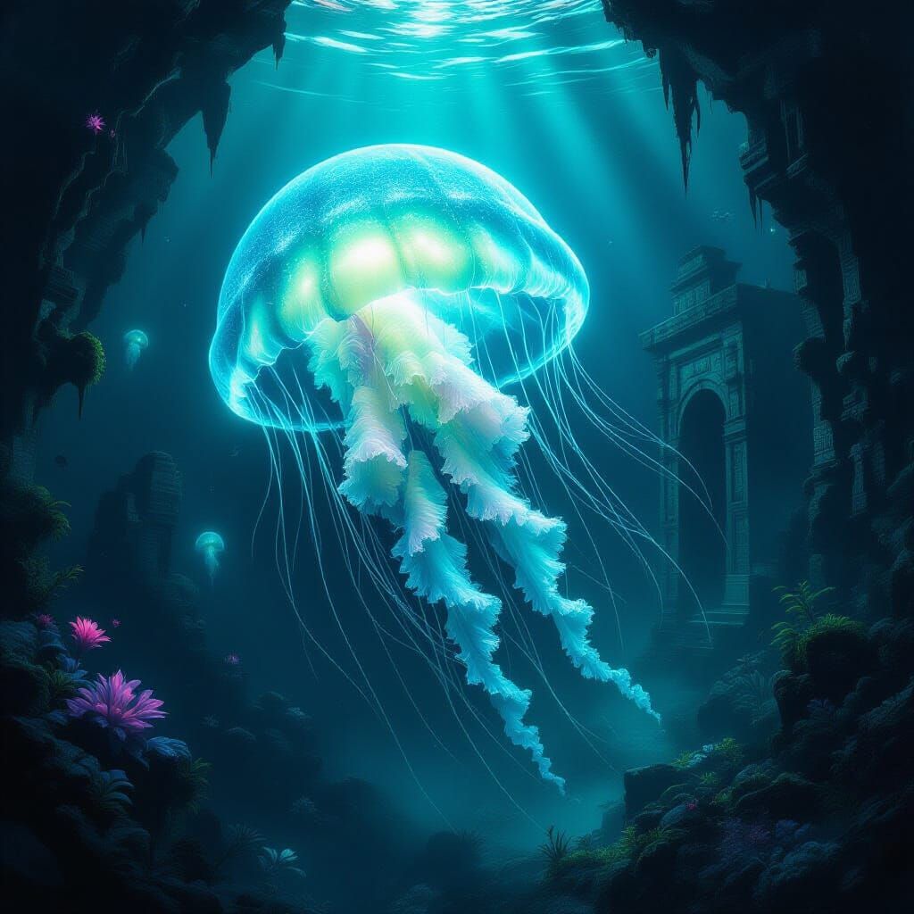 Bioluminescent Jellyfish in Alien Ocean Trench