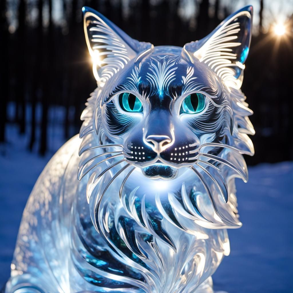 Iridescent Ice Cat Sculpture in Sunlight
