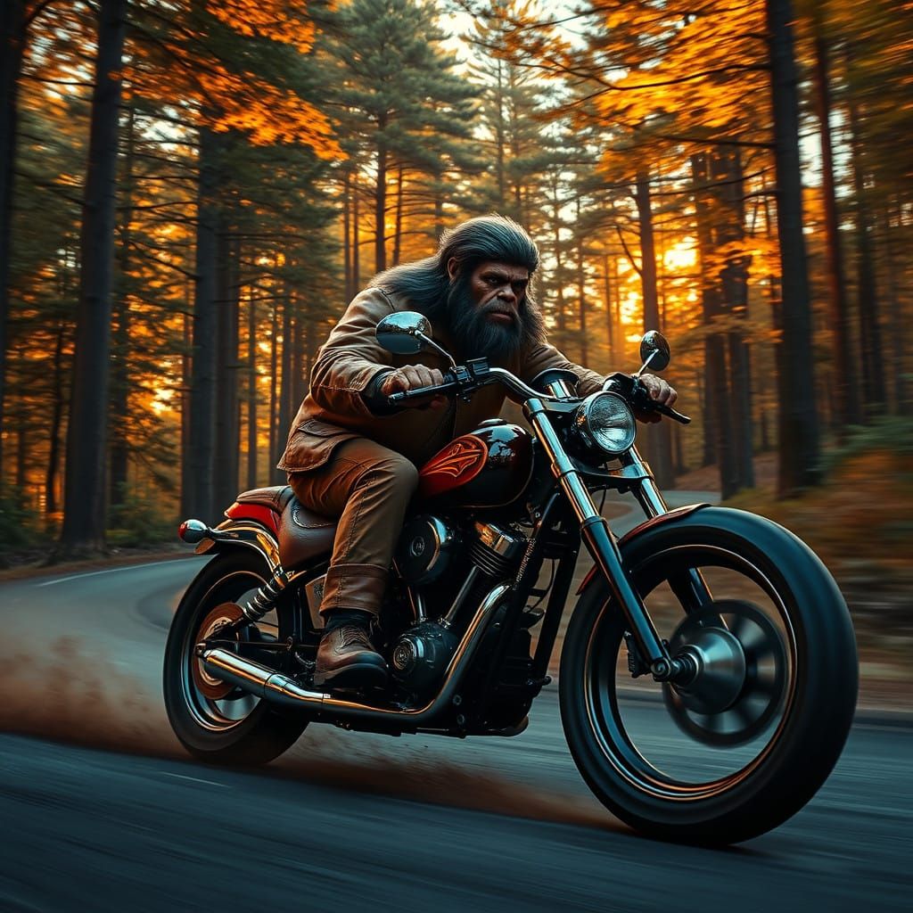 Sasquatch on Vintage Chopper Bike Rides Sunset Forest Road