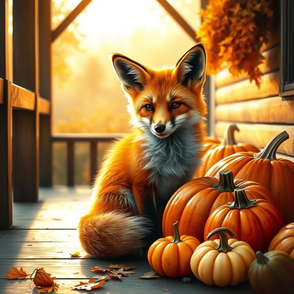 Fox Amongst Pumpkins on Autumn Porch