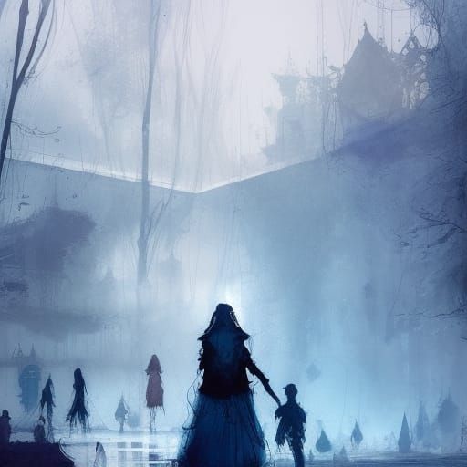 Fantasy Shadow Castle with Floating Figures