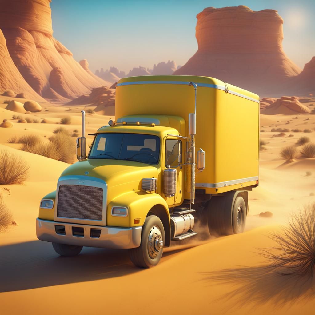 Yellow Box Truck in Desert, Pixar-Style 3D Art